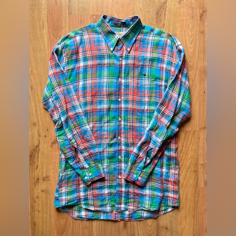 M Dumas & Sons 100% Linen Plaid Check Mens Large Long Sleeve Button Down Shirt
